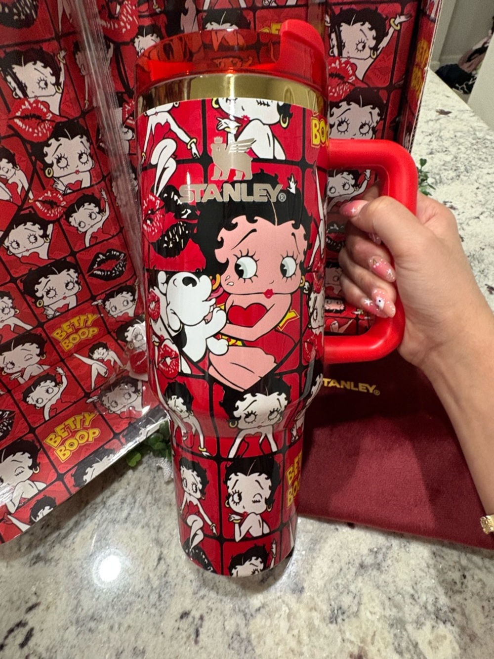 Customized Stanley goossy Red and White Betty Boop Travel Mug with Red Handle - Picture 2 of 3